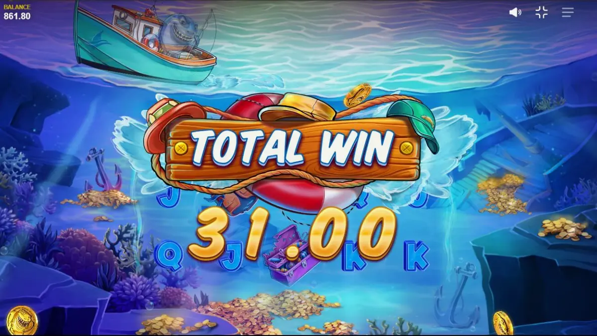 Shark Boss slot game interface featuring a shark on a boat